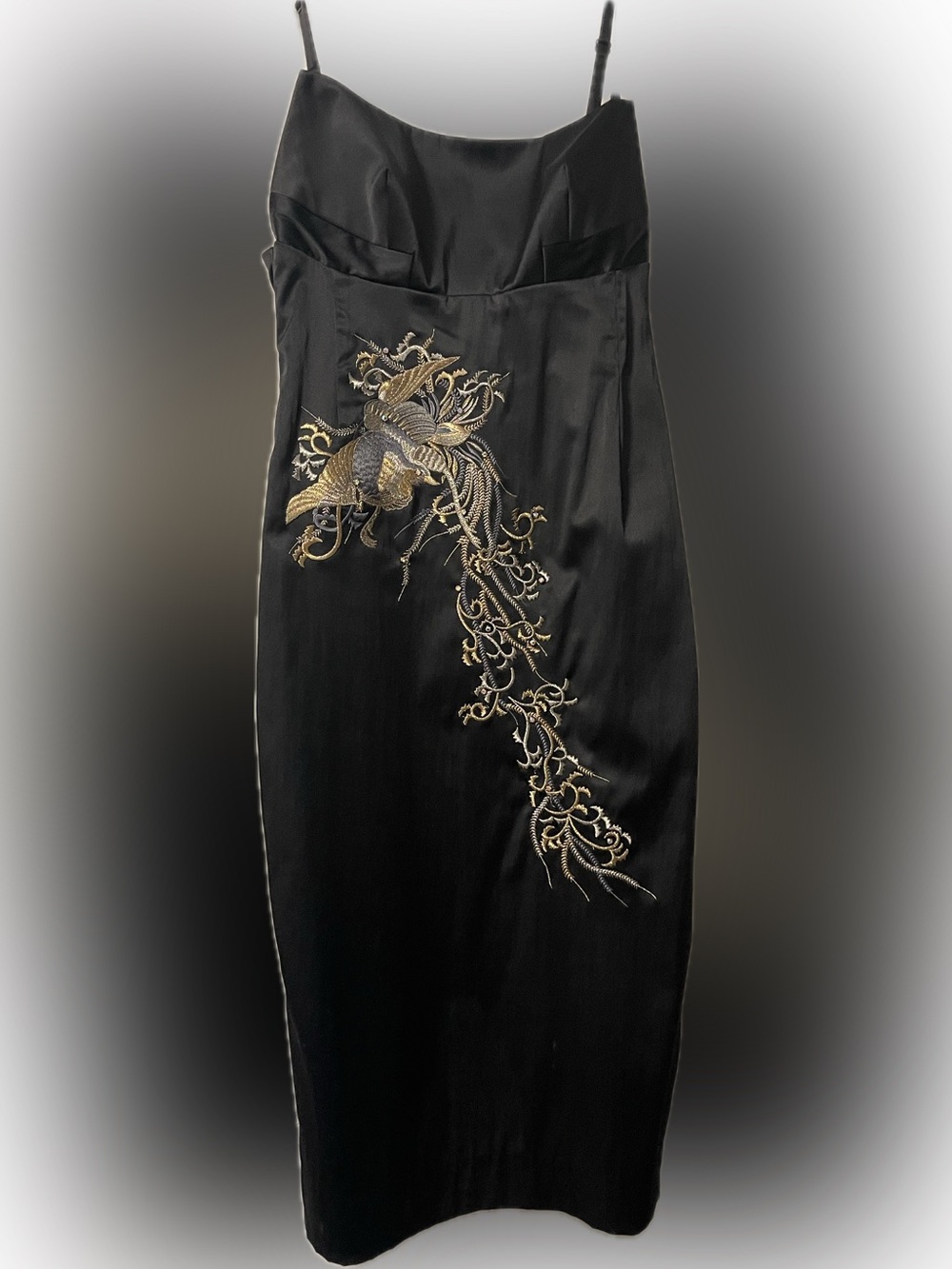 Black Midi Slip Dress with Gold Embroidered Bird Accent